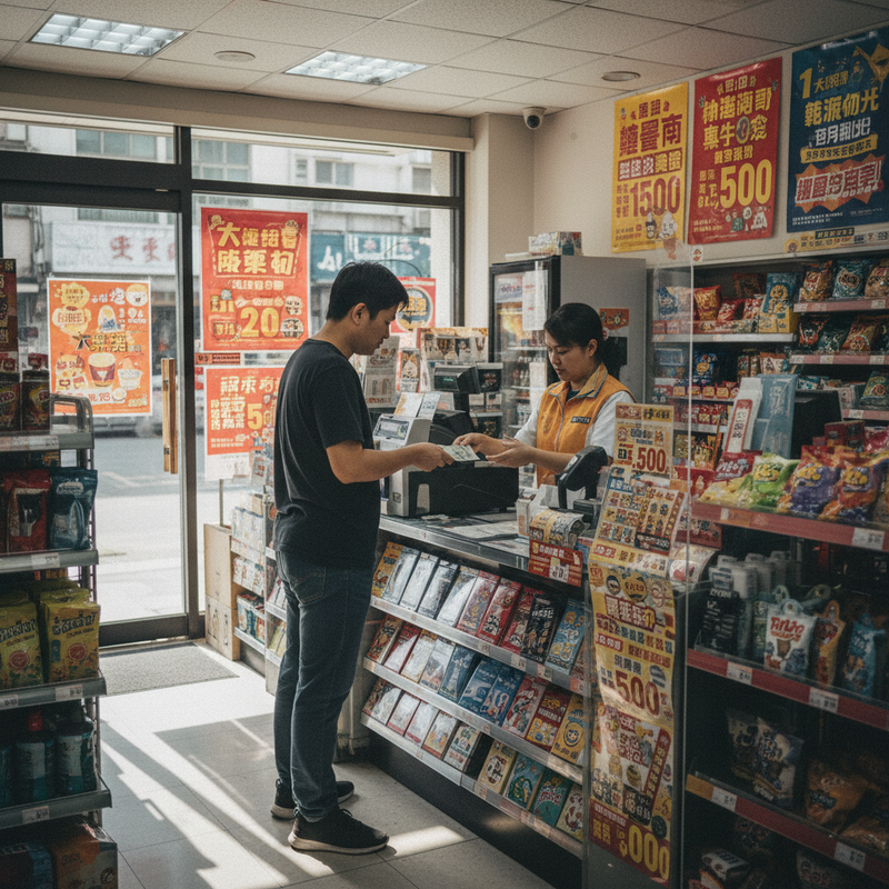 一名黑衣男子在台灣一間光線明亮的便利商店櫃檯前，向店員支付現金，完成一筆交易。店員穿著制服，正在為顧客服務，周圍擺滿了各式各樣的商品，包括零食、飲料和雜誌，店外則可見到繁忙的街景。