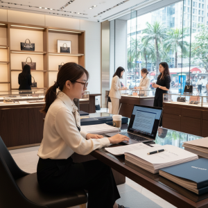 在一間精品店內，一位女性員工坐在辦公桌前，專注地使用筆記型電腦處理工作，桌上堆疊著文件與一杯咖啡。她的後方是精品展示區，陳列著各式精品包款，店內還有其他員工與顧客在交流。這張圖片生動地展現了精品店的日常工作情境。
