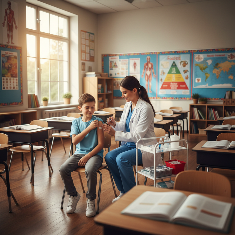 一位穿著藍色護士服的女性醫護人員在明亮的教室裡,為一名坐在椅子上的男學生接種疫苗。男學生捲起袖子,護理師正專注地進行注射,周圍有醫療推車與教室環境。