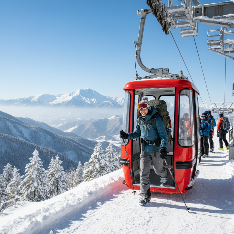 一位笑容滿面的亞洲女性滑雪客，裝備齊全地步出紅色纜車，身後是白雪皚皚的山脈和壯麗的冬日雪景。