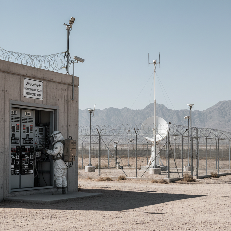 一位身穿白色太空衣的太空人，在荒蕪的沙漠中操作一個戶外控制站的複雜面板，背景有高山和大型衛星天線，周圍環繞著鐵絲網和監控攝影機，營造出神秘且高科技的氛圍。
