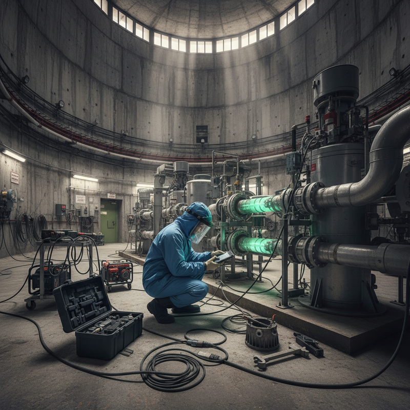 一名穿著藍色防護衣和面罩的技術人員，在核能反應爐內部進行例行檢查。他蹲在一個充滿複雜管線和發光儀器的區域，周圍是厚實的混凝土牆和高聳的天花板。技術人員專注於手中的平板電腦，似乎正在記錄或分析數據，而地上則散落著各式工具和電纜，顯示出嚴謹的工作環境。