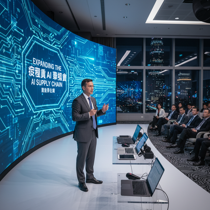 一位穿著西裝的專業男性講者，站在一個大型弧形LED螢幕前，螢幕上顯示著「EXPANDING THE AI SUPPLY CHAIN」等文字及科技感線路圖案。講者手持簡報筆，面向台下的聽眾進行演講，台下有數名穿著商務的觀眾專心聽講。