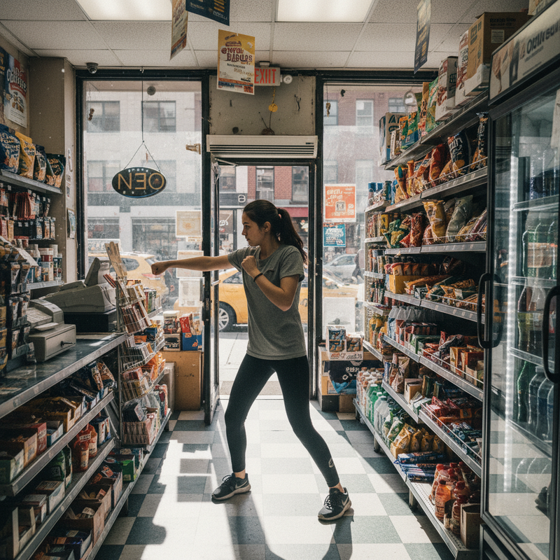 一位女性在台灣的便利商店走道上練習拳擊，她穿著灰色T恤和黑色運動褲，專注地向前出拳，身旁貨架上擺滿了各種零食和飲料。