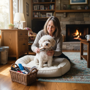一位中年婦女蹲坐在溫馨客廳的地板上，正專心地為她可愛的白色瑪爾濟斯狗狗梳毛。狗狗坐在米白色的柔軟狗床上，享受著主人的細心照料。陽光從窗外灑入，照亮了整個房間，營造出溫暖舒適的居家氛圍。畫面左側有一個裝滿各式寵物美容工具的竹籃，顯示主人對狗狗的愛護與用心。