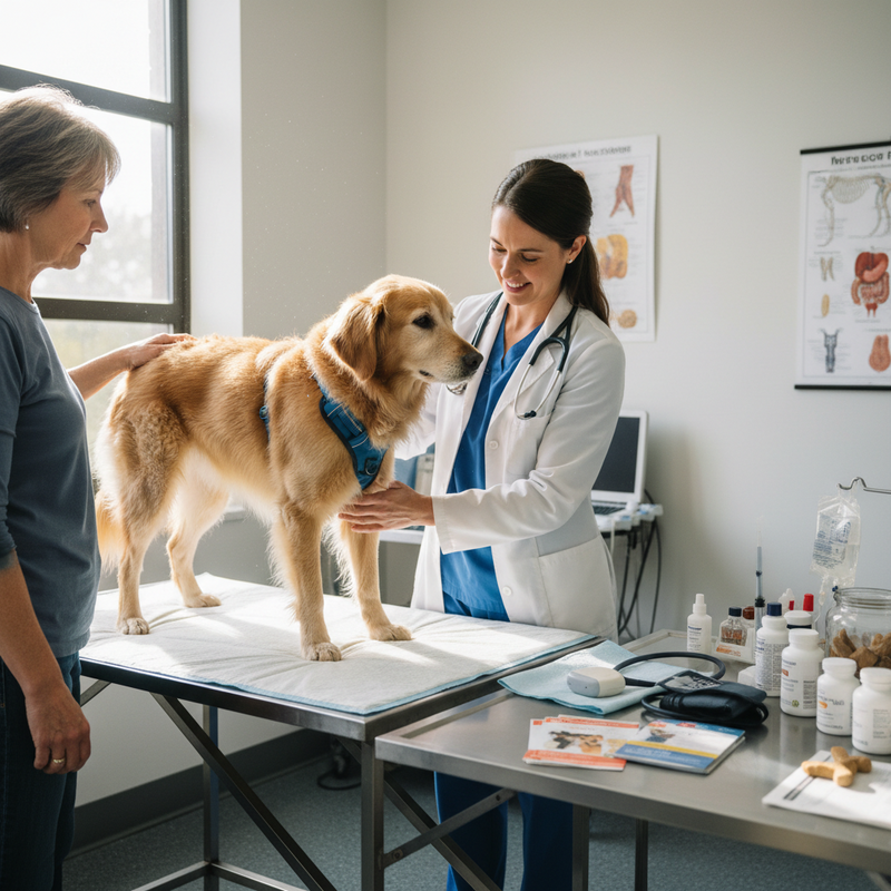 一位資深女獸醫在診所內，細心地為一隻金毛尋回犬進行健康檢查，狗狗的主人則在一旁溫柔地安撫著牠。診間環境明亮整潔，桌上擺放著各種寵物醫療用品和藥品。