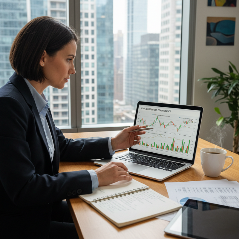 一名台灣專業女性在明亮的辦公室內，專注地分析筆記型電腦螢幕上的半導體ETF績效圖表，身旁放著筆記本和一杯熱咖啡，展現金融投資的日常與專業感。