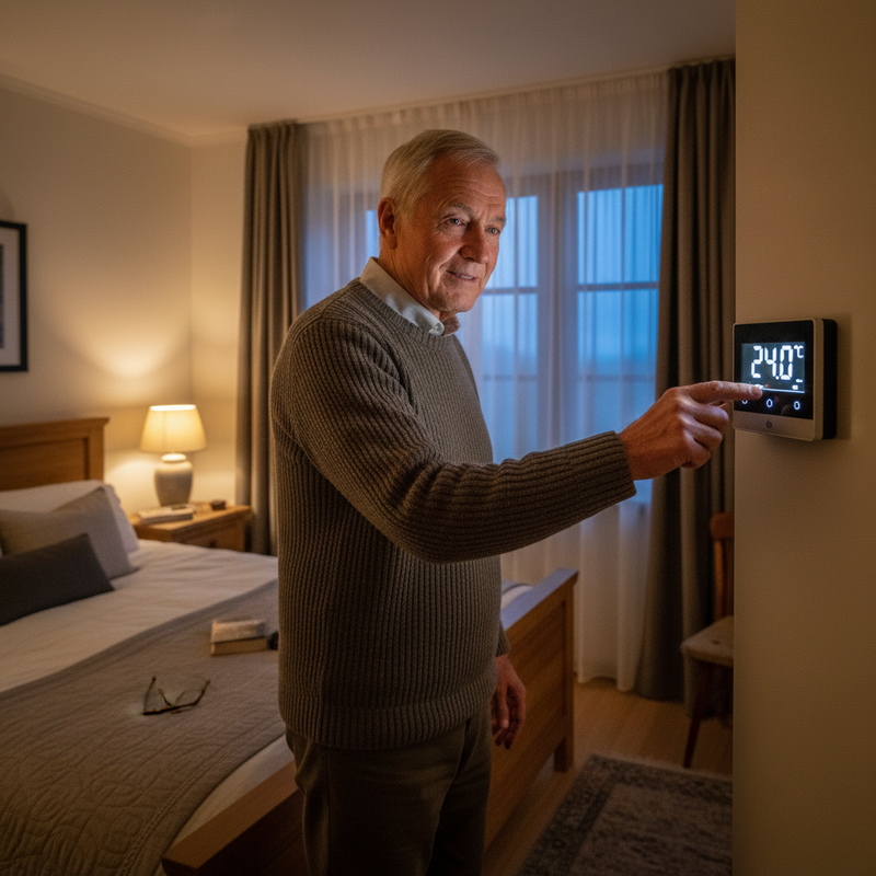 一位面帶微笑的銀髮族男士,身穿舒適的毛衣與長褲,正站在溫馨的臥室中,伸出右手食指輕觸牆上的智慧型溫控器,調整室內溫度,讓房間保持在舒適的24.0°C。臥室裡擺設著一張舖有灰色寢具的雙人床,床頭櫃上放著一盞溫暖的床頭燈和一本書,營造出寧静放鬆的居家氛圍。