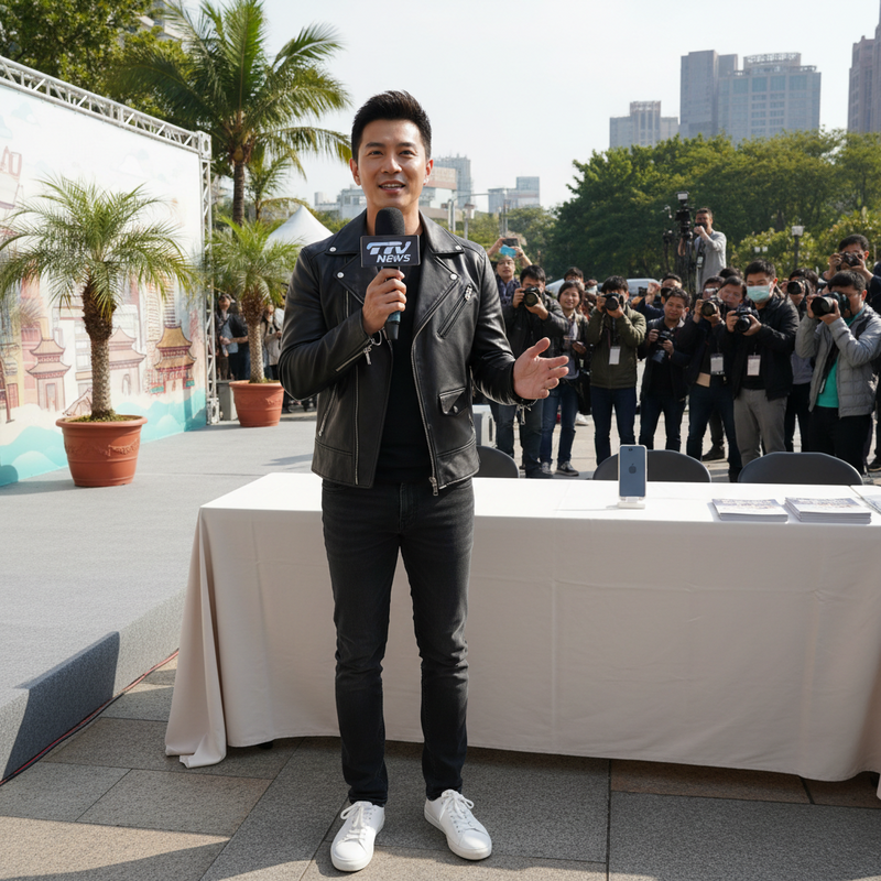 一位穿著黑色皮衣和黑色長褲的帥氣電視新聞男記者，手上拿著TTV NEWS麥克風，站在戶外活動的舞台上進行主持，背景有許多攝影師正在拍攝。