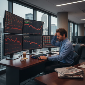 一位男性金融交易員坐在辦公室裡，神情焦慮地看著電腦螢幕上顯示的股票市場圖表，桌上散落著咖啡杯和揉皺的紙團，窗外是高樓林立的城市景觀。
