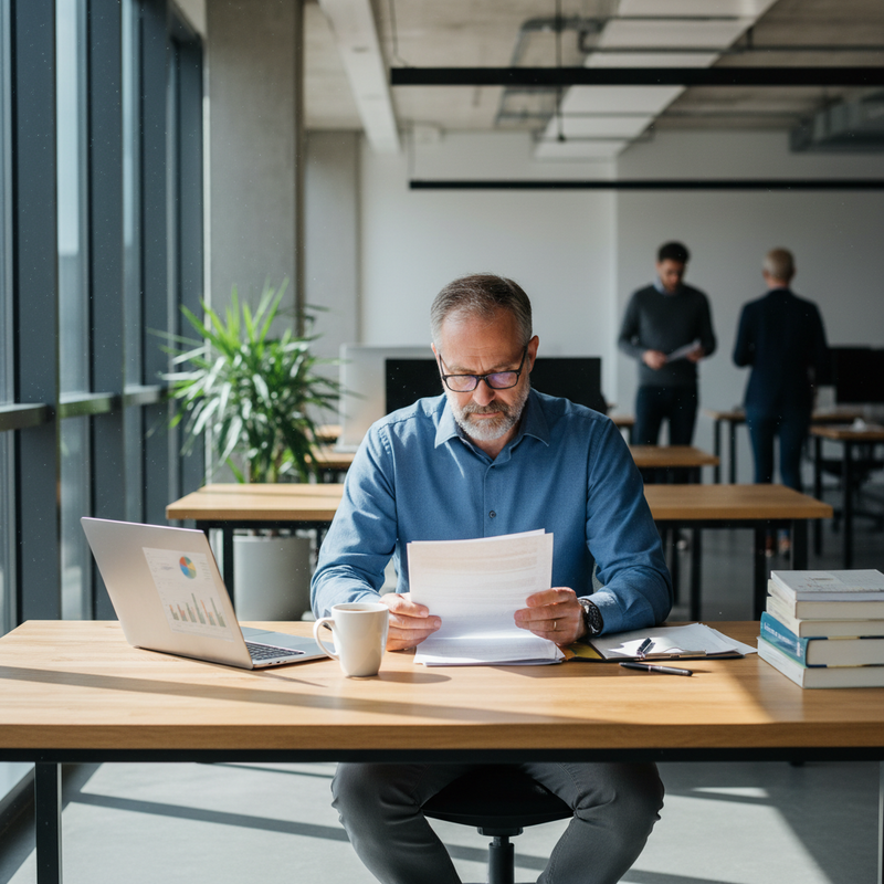 一位成熟的台灣商務人士,穿著藍色襯衫,戴著眼鏡,正專注地坐在現代化辦公室裡,閱讀手中的文件。他的木質辦公桌上放著一台筆記型電腦、咖啡杯、文件夾和幾本商務書籍。陽光透過窗戶灑進室內,背景可以看到其他同事在辦公,營造出一個專業且充滿活力的工作環境。