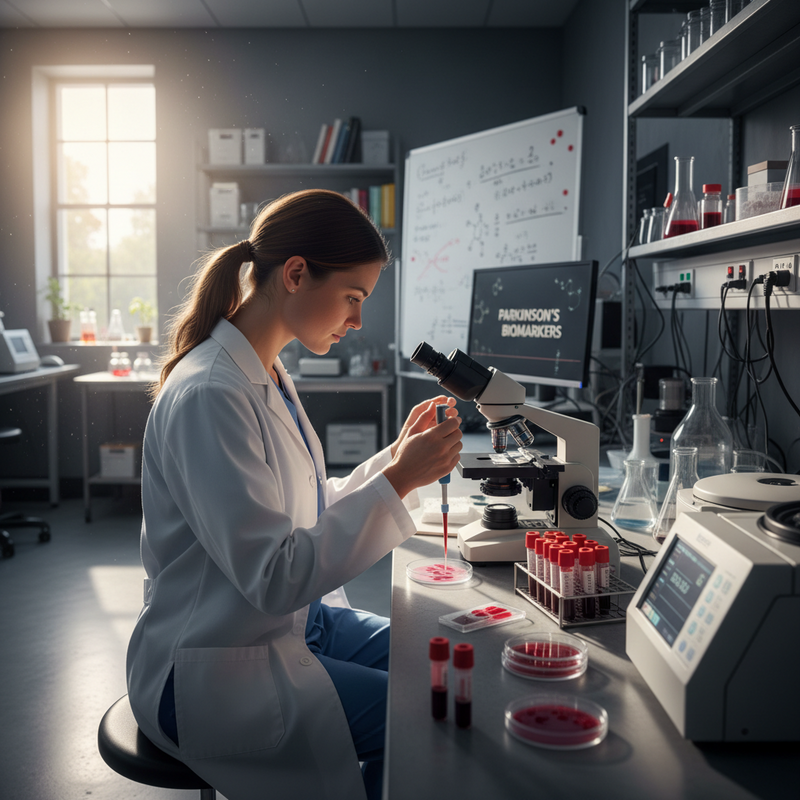 一位年輕女科學家在光線明亮的實驗室裡，專注地使用滴管將紅色液體樣本滴入培養皿中，進行帕金森氏症的生物標記研究。她身穿白色實驗袍，周圍擺滿了試管、顯微鏡和其他實驗器材，電腦螢幕上顯示著「PARKINSON'S BIOMARKERS」的字樣。