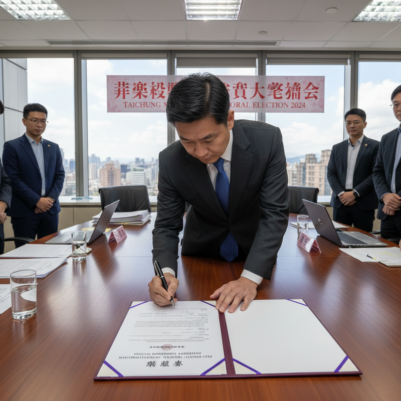 一位身穿深色西裝的台灣政治人物，在辦公室內的大會議桌上，專注地簽署一份重要文件。背景的窗外可見台中市區的都會景色，會議室內還有其他幾位男士觀看，牆上掛著「Taichung Mayoral Election 2024」的布條，顯示這是一場與台中市長選舉相關的正式場合。