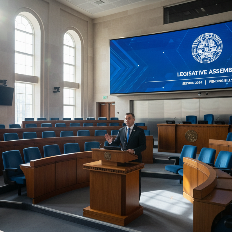一位身穿深色西裝的立法議會演說者，站在莊嚴的木質講台上，背景是寬敞的會議廳和大型螢幕，螢幕上顯示著「LEGISLATIVE ASSEMBLY SESSION 2024」的標題。