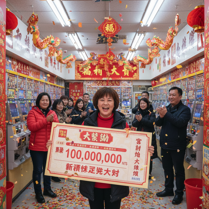 一位台灣彩券大獎得主，開心地在佈滿舞龍舞獅裝飾和彩券機的店內，手持一張寫著新台幣一億元彩金的巨型支票，周圍親友也為她鼓掌慶祝，地上灑滿了彩紙，洋溢著熱鬧又喜氣的氛圍。