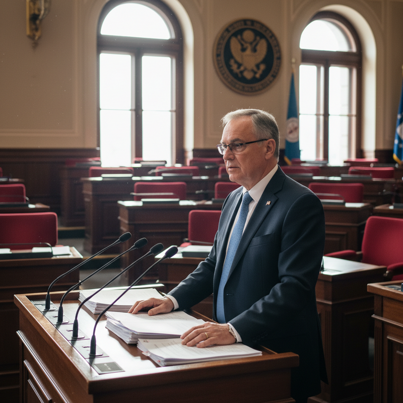 一位穿著西裝的政府官員在議會或立法機構的議事廳中，站在麥克風前準備發表重要演說。他神情嚴肅，面前放著厚厚的文件，身後是空蕩的紅色座椅，展現出台灣政治場景的莊重與專業。