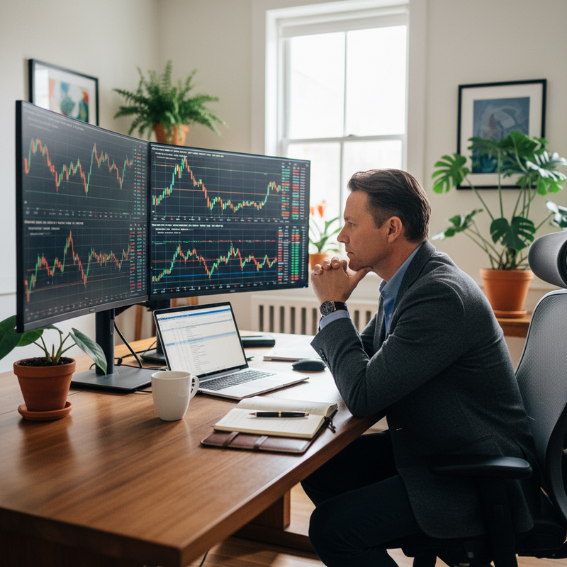 一位穿著西裝外套的男士，在家中書房專注地看著電腦螢幕上的股票走勢圖。他坐在深色木質書桌前，雙手交疊撐著下巴，神情嚴肅地分析金融市場數據。書桌上擺放著兩個顯示複雜圖表的螢幕、一台筆記型電腦、一個白色馬克杯、一本筆記本和一支筆。整個場景營造出專業且高效率的金融交易氛圍。