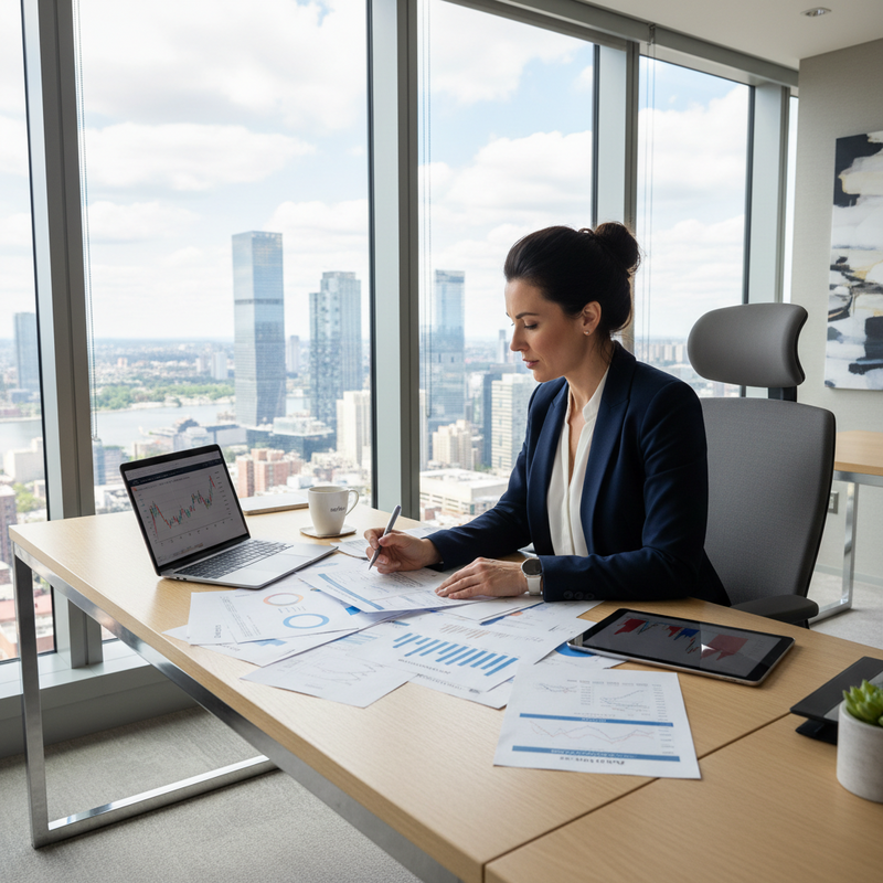 女性金融分析師在高樓辦公室進行股票分析,背景為城市天際線