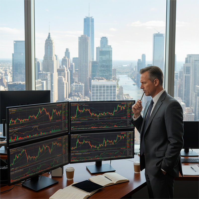 一位穿著灰色西裝的專業股票交易員，站在辦公室窗邊，俯瞰著繁華的城市天際線。他正在思考股票市場的走勢，面前的四個螢幕顯示著密集的股票交易圖表和數據。桌上擺放著幾杯咖啡和筆記本，營造出一個高效且專注的金融工作環境。