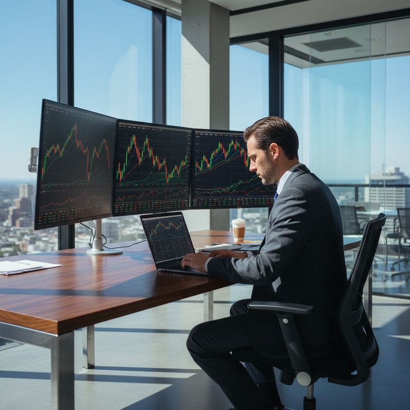 一位穿著西裝的專業交易員坐在辦公室裡，專注地看著他的多螢幕交易平台，顯示著即時股市圖表和數據分析，窗外是台灣都會的繁華景色。
