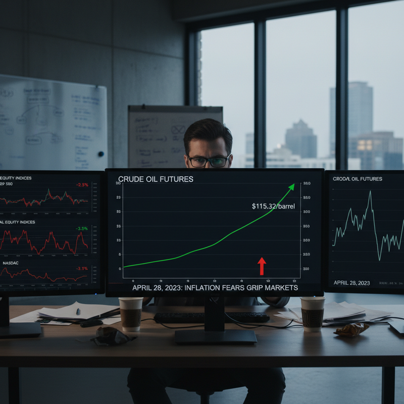 一位交易員坐在辦公室裡,專注地看著三台電腦螢幕,上面顯示著原油期貨、股票指數等金融圖表和市場數據。螢幕上的K線圖和趨勢線明顯指出油價上漲,同時也顯示出「通膨擔憂」的字樣,暗示當前市場的緊張氛圍。交易員身著襯衫,戴著眼鏡,神情嚴肅,周圍散落著咖啡杯和文件,背景是城市窗景。