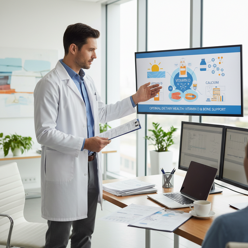 一位穿著白袍的男醫師在會議室中，手持文件夾，面向右側展示螢幕上的醫療保健數據圖表，內容關於維生素D與骨骼健康的關係。
