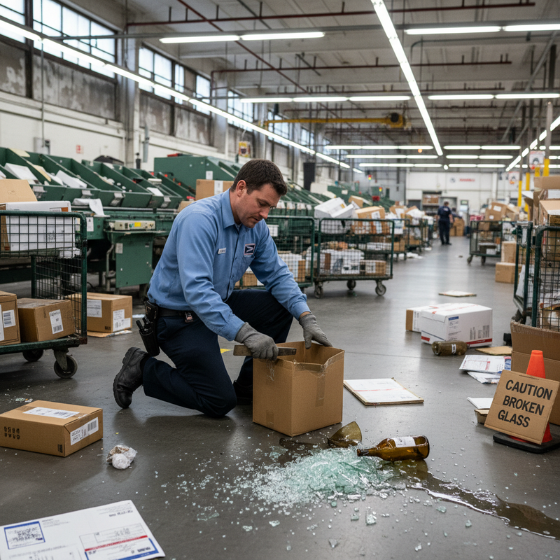 郵務人員在郵局或大型倉儲中,蹲地處理打翻的包裹,散落破碎玻璃瓶與液體,現場凌亂