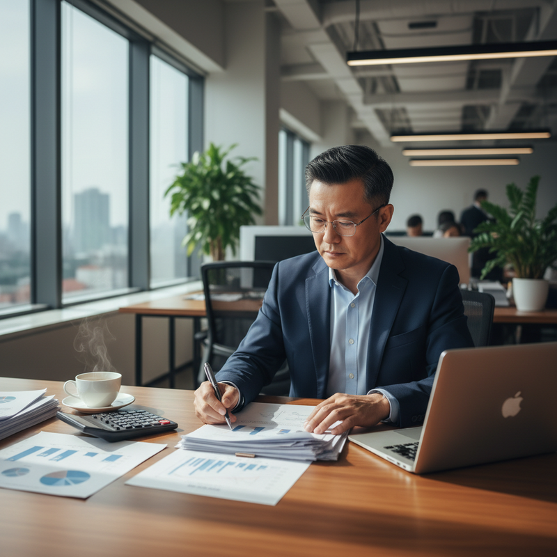 一位穿著西裝的專業亞洲商務人士，戴著眼鏡，專注地坐在現代化辦公室的木質書桌前，手持原子筆低頭審閱桌上的財務報表和圖表，旁邊放著筆記型電腦、計算機和一杯冒著熱氣的咖啡，窗外是城市高樓的景色。