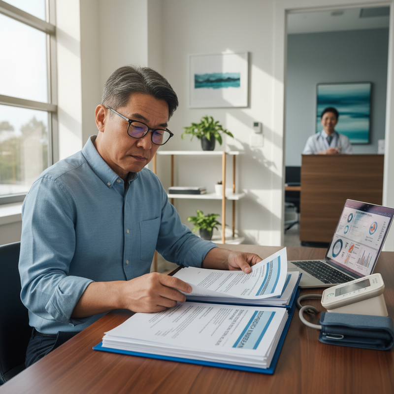 一位戴著眼鏡的中年台灣男性，身穿藍色襯衫，正專注地坐在辦公桌前閱讀一份醫療記錄文件。他的左手輕輕扶著文件，右手則拿著筆。桌上還擺放著一台筆記型電腦、血圧計和一個藍色皮夾。背景是明亮的窗戶，窗外景色隱約可見，而後方門口處則有一位模糊的醫護人員身影。