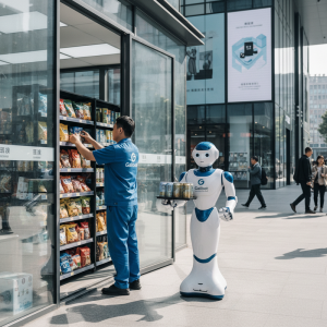 一位穿著藍色制服的店員正在補貨，旁邊有一個送貨機器人，手上拿著飲料盤，背景是現代建築，呈現零售店鋪結合科技服務的景象。