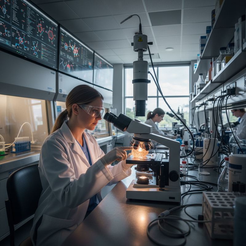 一位台灣女性科學家在現代化的實驗室中，專注地透過顯微鏡進行研究，她身穿白色實驗袍與安全眼鏡，檯面上放置著實驗器材和試管，背景螢幕顯示著數據與化學結構圖。