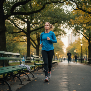 一位金髮中年女性穿著藍色長袖運動上衣和黑色運動褲，正在公園的小徑上跑步運動。她的表情專注，步伐輕盈，背景是綠意盎然的樹木和遠處模糊的城市建築。小徑旁有綠色長椅和掉落的樹葉，營造出秋日跑步的舒適氛圍。