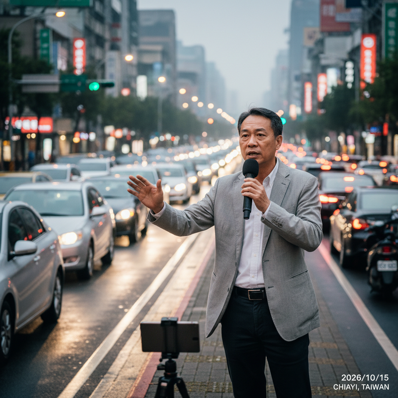 一位台灣政治人物在車水馬龍的街頭進行演講，他手持麥克風，身穿西裝外套與襯衫，前方擺放著一台錄影用的手機腳架，背景是台灣城市繁忙的交通與街景。