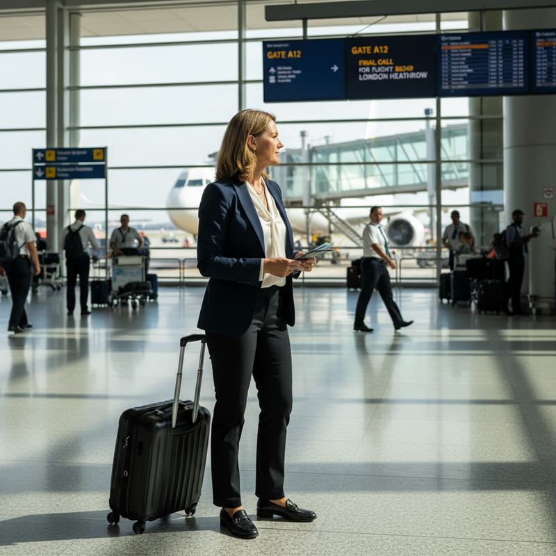 一位穿著深藍色西裝外套的商務女士，帶著黑色行李箱站在機場大廳裡，她手上拿著登機證和護照，正在看著遠方，準備搭機前往下一個目的地。