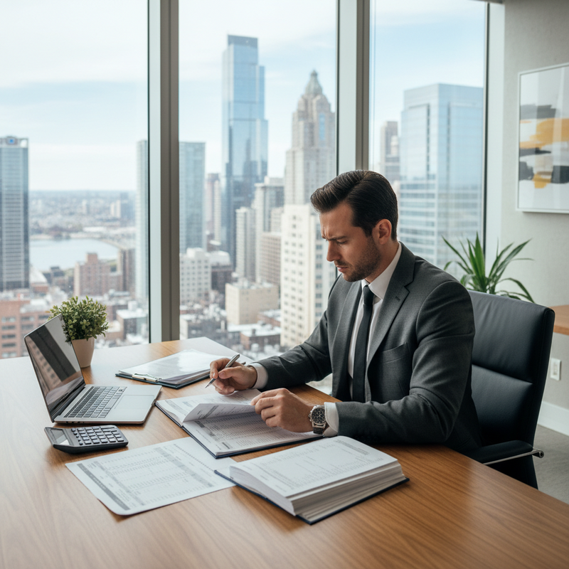 一位穿著灰色西裝的成功商務人士，在裝潢現代、採光良好的高樓辦公室裡，俯瞰著窗外繁華的城市景色，專注地在辦公桌上審閱文件和使用筆記型電腦工作。