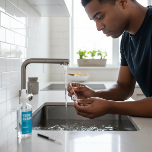 一名黑髮男子正在廚房水槽邊仔細清潔他的白色無線耳機，水龍頭正流出清水，旁邊可見一瓶標示著「TECH CLEAN」的清潔噴霧。