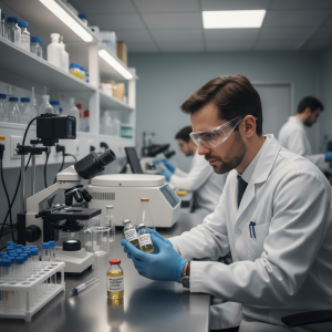 一位戴著防護眼鏡和手套的科學研究員，正在實驗室中仔細觀察手中的藥瓶，背景還有其他研究員和精密儀器，整個場景呈現嚴謹的科學研究氛圍。