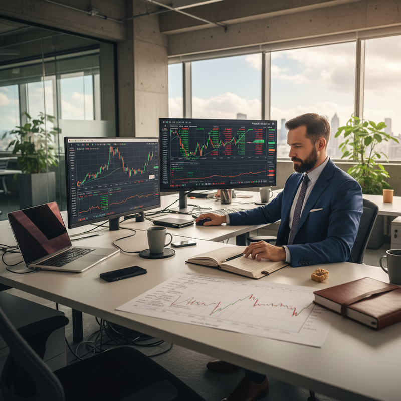 一位專業的股票交易員坐在現代辦公室中，專注地分析著雙螢幕上顯示的股市圖表，桌面擺放著筆記型電腦和筆記本。