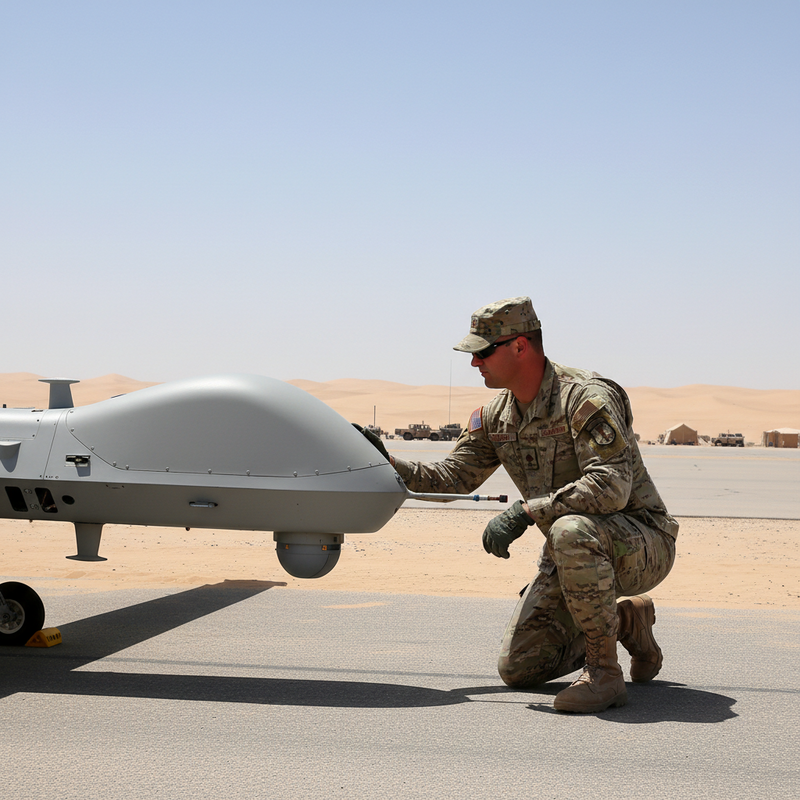 美國空軍人員在沙漠基地檢查軍用無人機