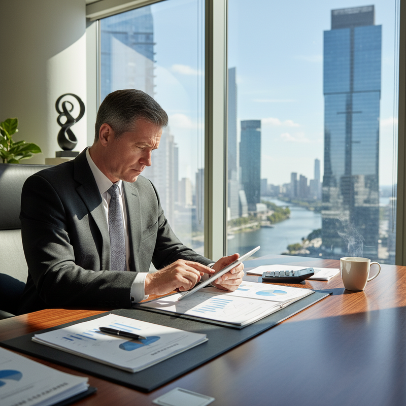 一位穿著西裝的成功商務人士坐在高樓辦公室裡，透過落地窗可以俯瞰城市天際線和河流，他專注地使用平板電腦處理工作，桌上擺放著文件、圖表和一杯冒著熱氣的咖啡，營造出專業又繁忙的職場氛圍。