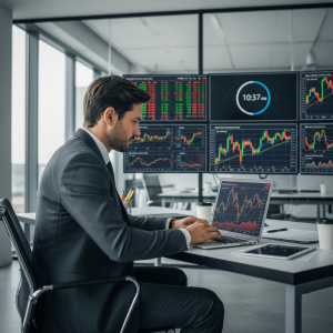 一位穿著西裝的專業男性交易員，坐在現代化辦公室裡，專注地操作筆記型電腦進行股票交易分析，背後的大螢幕牆顯示著即時的股票市場數據圖表和時間，桌上還有咖啡杯和文件，呈現出金融投資者日常的工作場景。