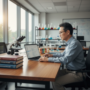 一位亞洲科學家在寬敞明亮的實驗室裡，專注地使用筆記型電腦進行研究工作。桌上擺放著顯微鏡和多本醫學專業書籍，背景的架子上則有各式各樣的實驗燒杯與試管。