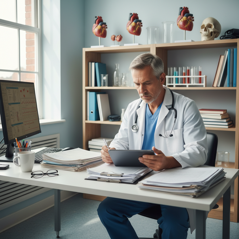 一位資深醫生坐在採光良好的診間辦公桌前，穿著白袍和藍色刷手服，專注地使用平板電腦。辦公桌上堆疊著多份病歷文件和筆記，旁邊還有一個裝滿彩色筆的筆筒和眼鏡。背景的置物架上擺放著多個人體心臟模型和一個頭骨模型，營造出專業的醫療辦公室氛圍。