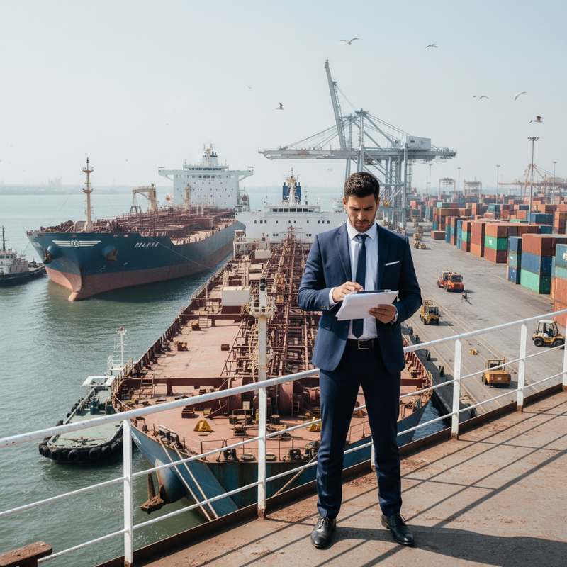 一位穿著深藍色西裝的專業商務人士站在港口邊，手上拿著文件夾正在仔細查看。背景是繁忙的貨櫃碼頭，停靠著巨大的貨船，遠處還有許多準備裝卸的貨櫃和起重機，展現台灣海運貿易的日常景象。