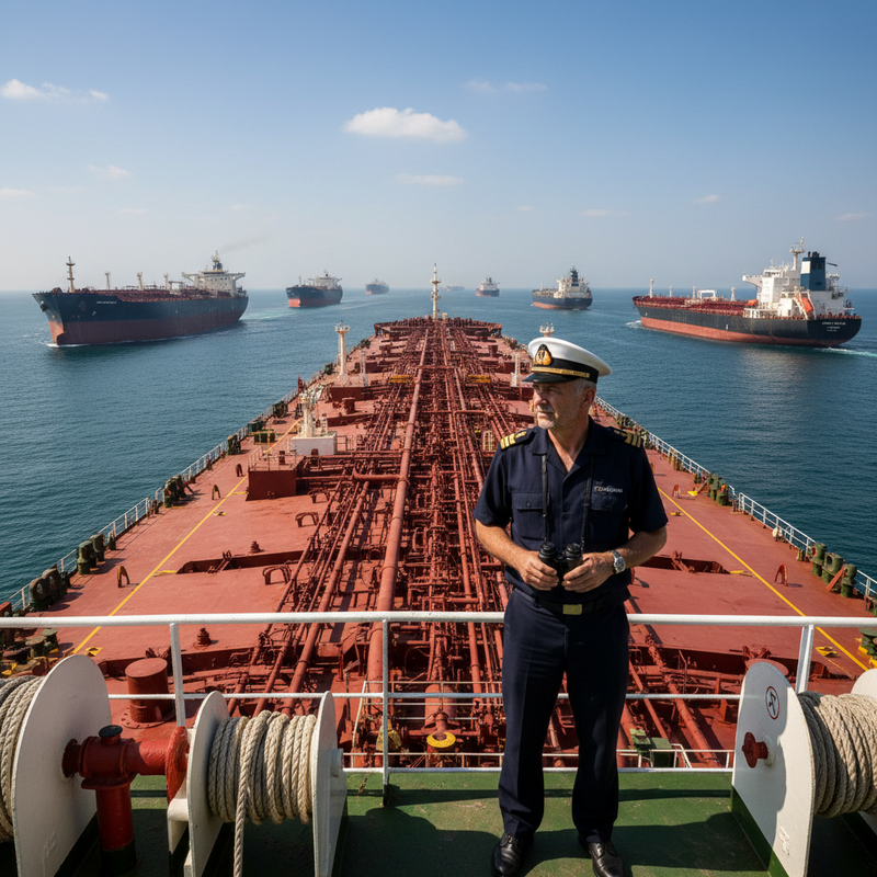 一位身穿深藍色制服的船長,戴著白色船帽,手持望遠鏡,站在一艘大型油輪的甲板上,背景是湛藍的海面和數艘航行中的巨型貨船,展現繁忙的海運景象,船長凝視遠方,彷彿在監督這片壯闊的船隊。