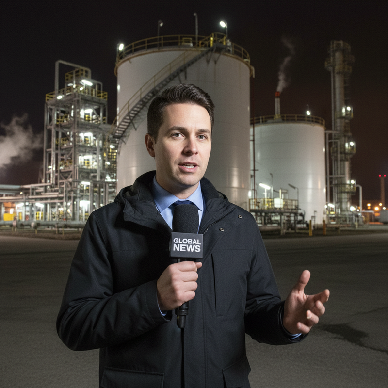 台灣新聞記者於夜晚煉油廠前採訪，報導波斯灣能源衝突對全球影響