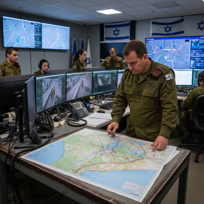 在一個以色列軍事指揮中心裡，一名身穿軍服的軍官正專注地看著桌上的地圖，他的手指輕觸地圖上的某個點，似乎在規劃或分析策略。背景中，多位軍官在各自的電腦螢幕前工作，牆上的大型螢幕顯示著地圖和監控畫面，整個場景展現了軍事指揮中心的嚴謹與專業。