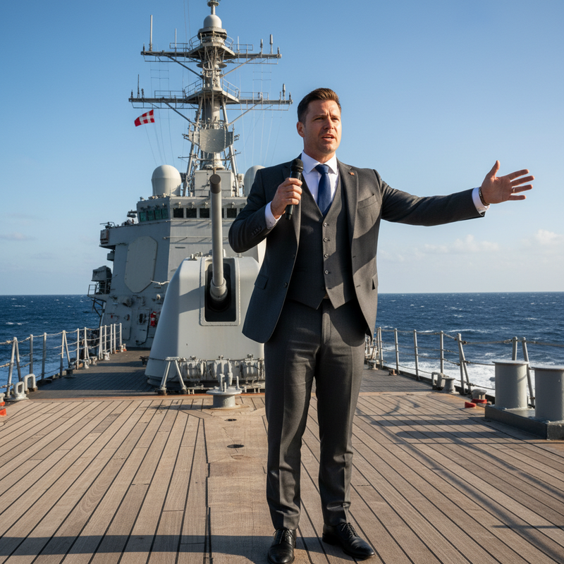 一位穿著灰色西裝的男士，手持麥克風在軍艦甲板上演講，背景是藍色大海和天空，艦艇細節清晰可見。