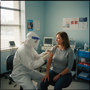 一位醫護人員穿著白色防護衣與防護面罩，正在診間內為一位中年女性施打疫苗。女性穿著灰色上衣和深色褲子，坐姿端正，神情專注地看著前方，醫護人員正將疫苗注射至她的左臂。診間背景有窗戶，牆上貼有衛教海報，整體環境整潔明亮。