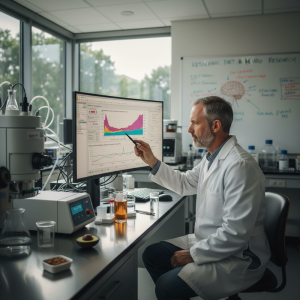 這張圖片呈現一位年約50歲、穿著白色實驗袍的男性科學家，專注地在實驗室中操作電腦，螢幕上顯示著複雜的數據分析圖表。他的左手指向螢幕，似乎正在解讀或討論研究結果。實驗室環境明亮整潔，背景有一面白板寫著「KETOGENIC DIET & NEURO RESEARCH」，暗示研究主題與生酮飲食相關。實驗桌上除了電腦設備，還擺放著燒杯、裝有液體的容器、酪梨和堅果，這些都是生酮飲食中常見的元素，進一步呼應研究主題。